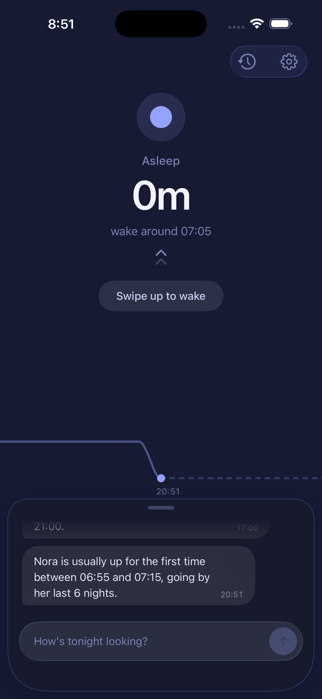 Lune's home screen during sleep, telling the parent when the baby usually wakes, learned from her own nights