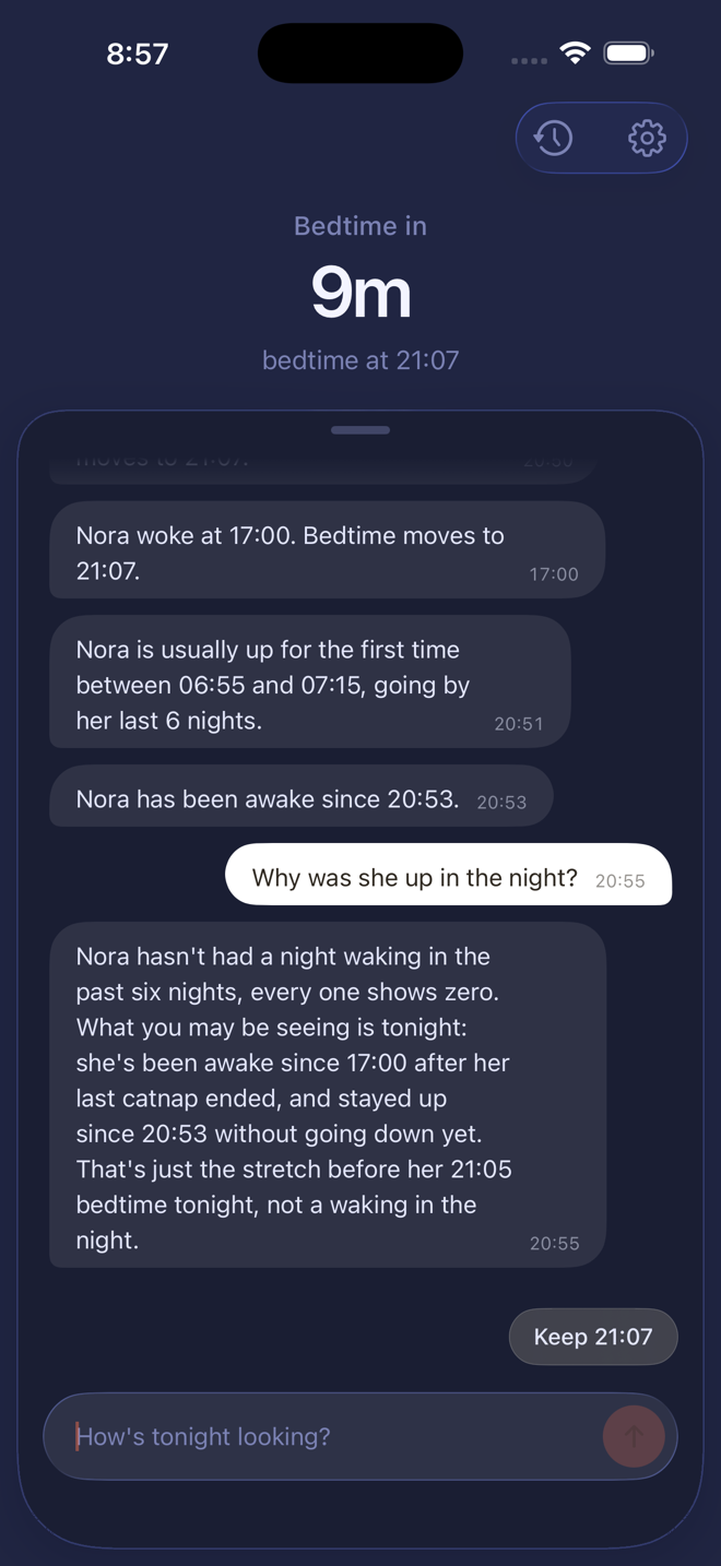 A chat with Lune answering a question about last night using real times from the log