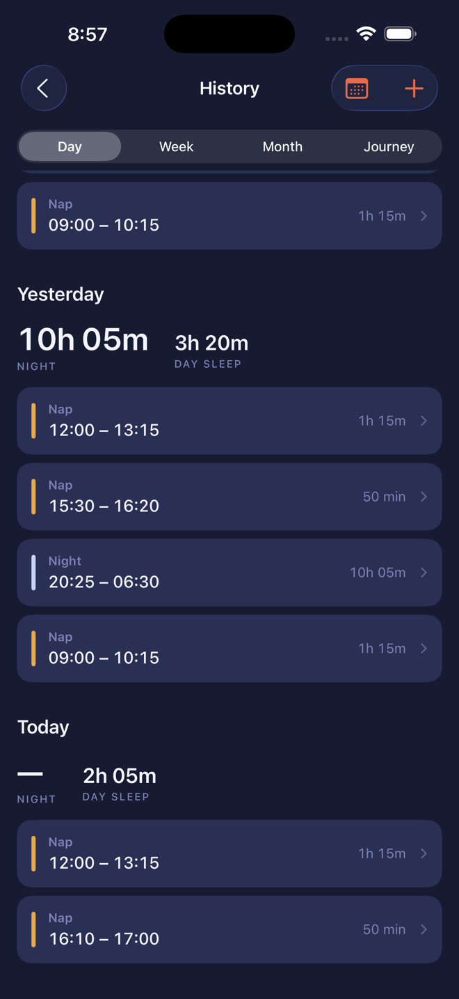 The sleep history, showing nights and naps for the last weeks in one record